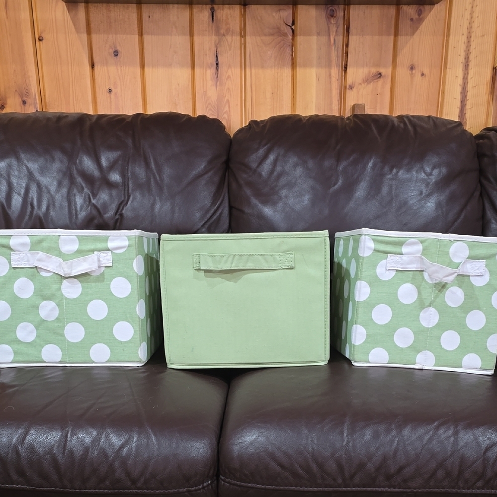 Set of 4, Green and White Polka Dot Baskets for Stylish Storage